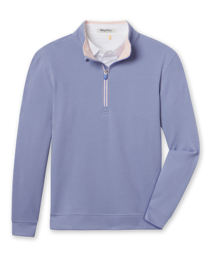Warren Quarter Zip in Blue Shade with textured mini-grid fabric, a stand collar and blush zipper trim.