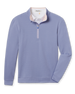 Warren Quarter Zip in Blue Shade with textured mini-grid fabric, a stand collar and blush zipper trim.