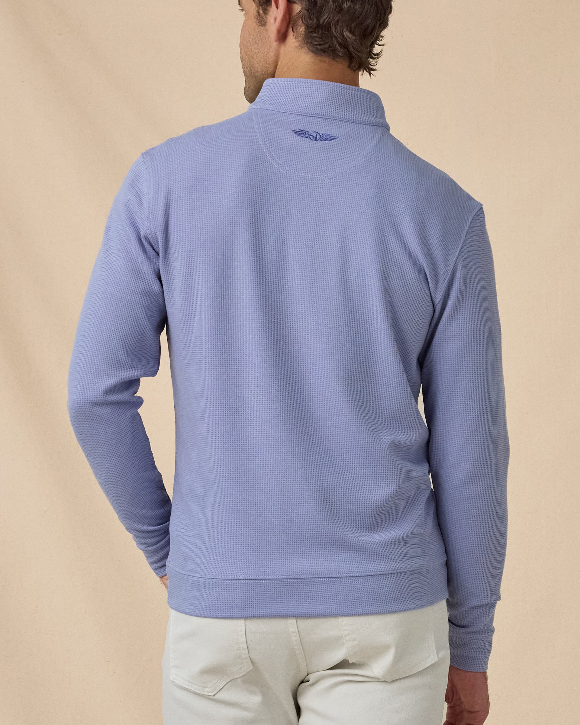 Back view of a man wearing the Warren Quarter Zip with an embroidered Straight Down logo below the collar.