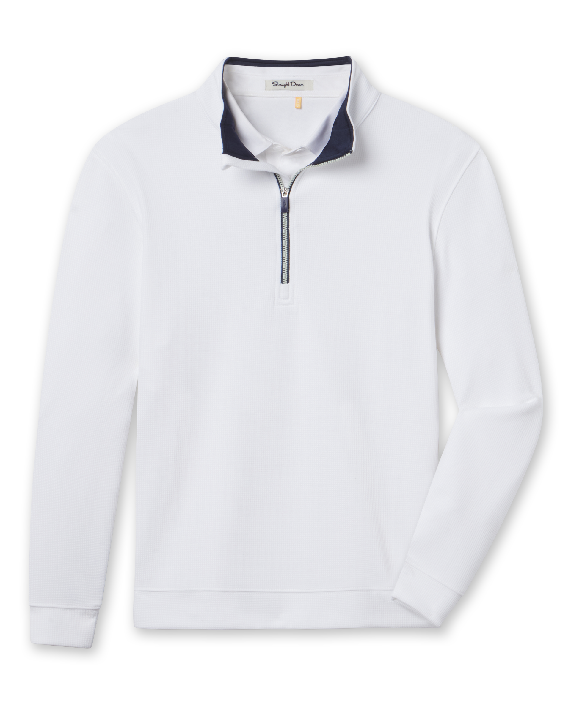 White Warren Quarter Zip featuring a subtle mini-grid texture, navy contrast collar lining, and quarter-zip closure.
