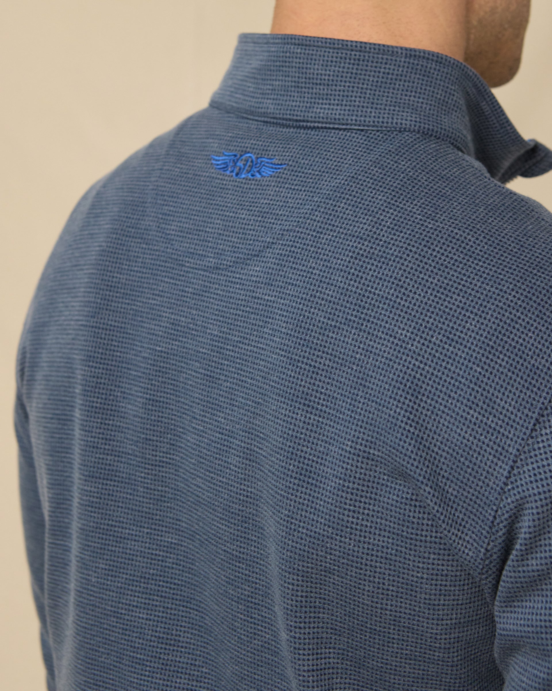 Men’s Warren Quarter Zip in New Indigo / Cobalt with embroidered back logo detail