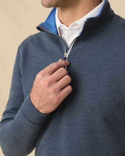 Warren Quarter Zip in New Indigo / Cobalt with textured waffle-knit fabric, collar detail close-up