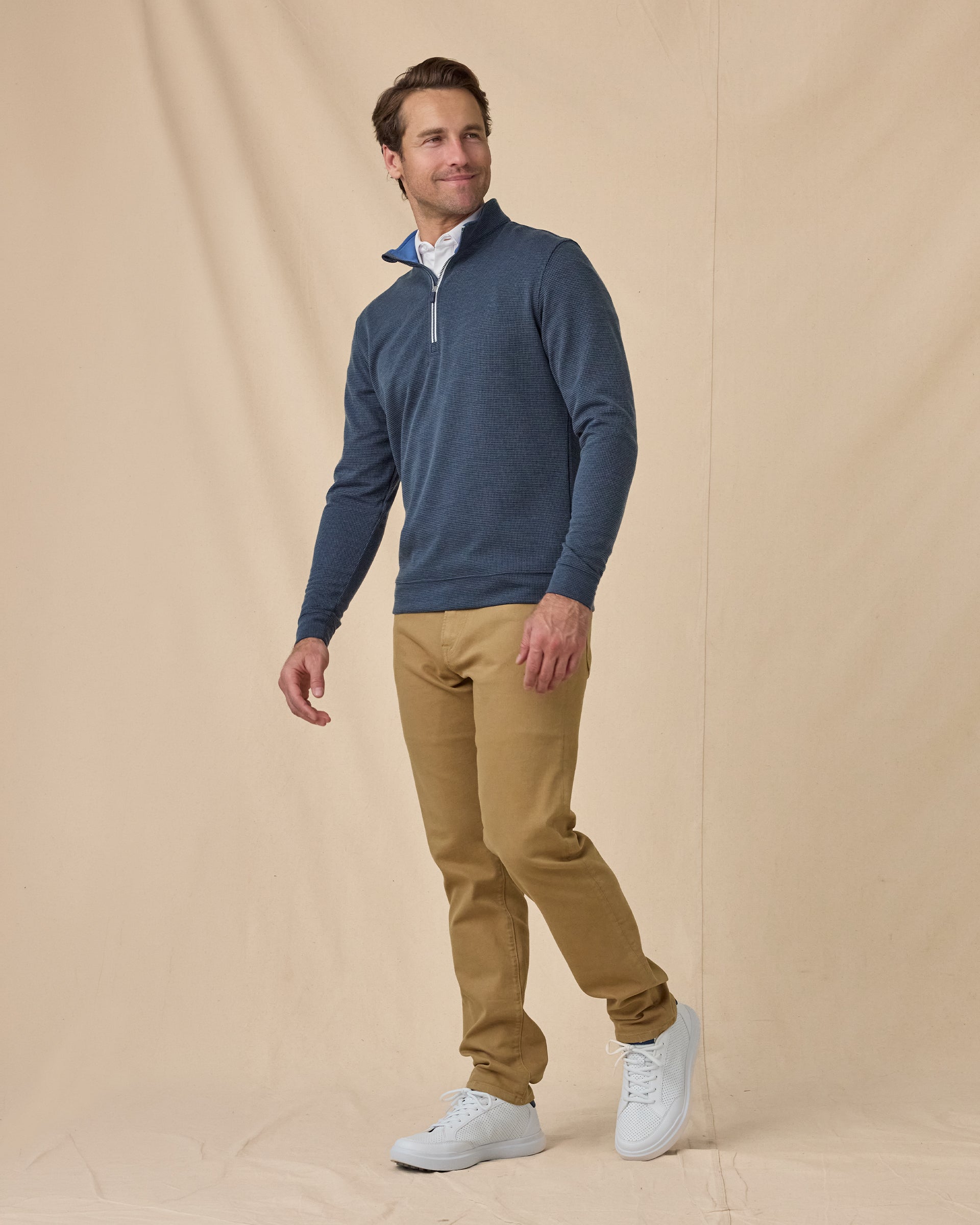 Men’s Warren Quarter Zip in New Indigo / Cobalt, styled full outfit view with khaki pants
