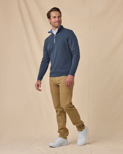 Men’s Warren Quarter Zip in New Indigo / Cobalt, styled full outfit view with khaki pants