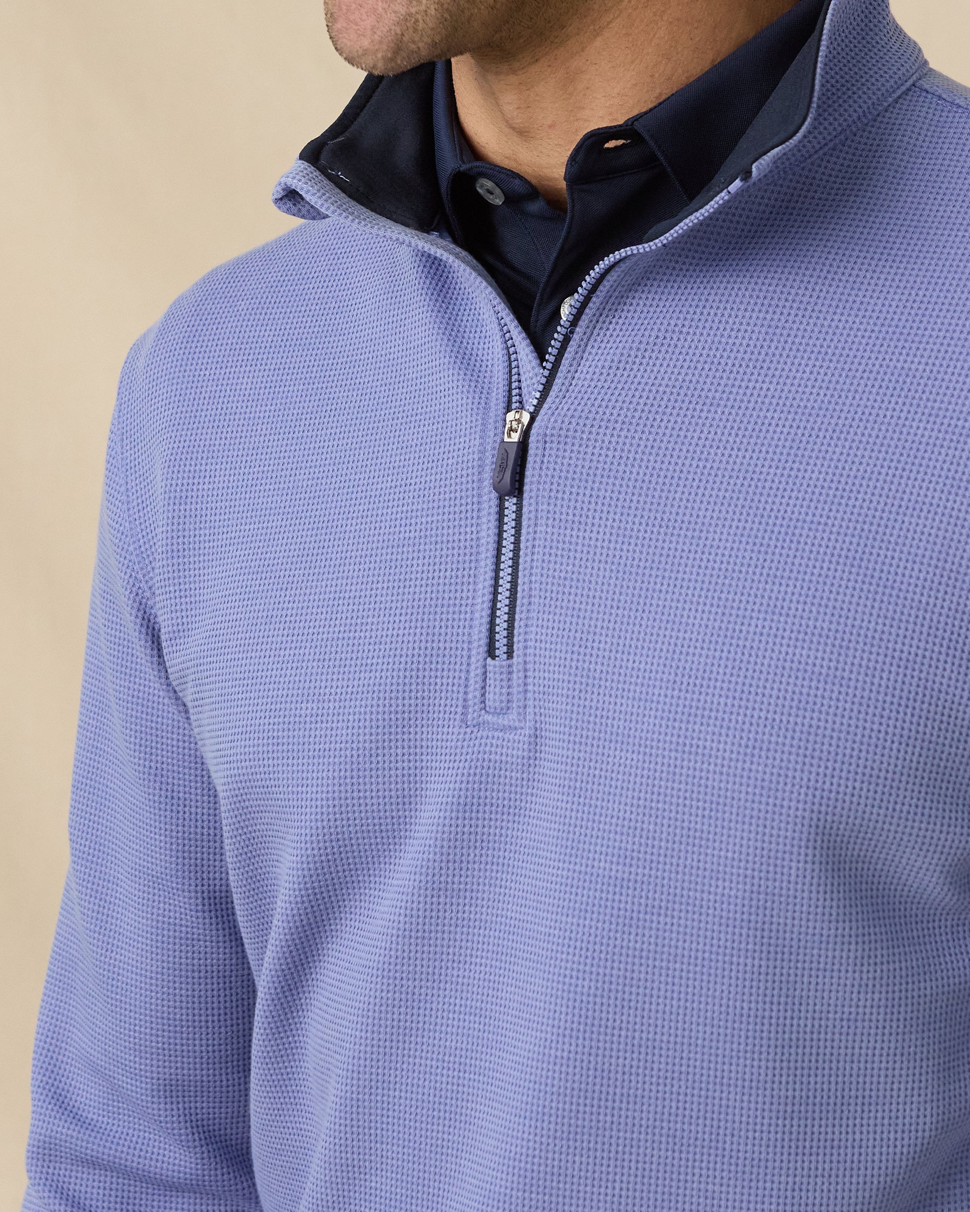 Waffle texture and quarter zip detail on the Warren Quarter Zip in Tidal blue