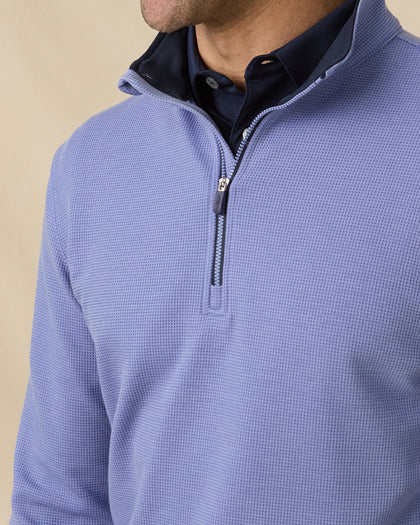 Waffle texture and quarter zip detail on the Warren Quarter Zip in Tidal blue