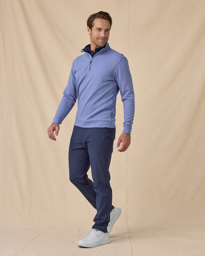 Men's Warren Quarter Zip in Tidal blue, full outfit front view styled with navy pants