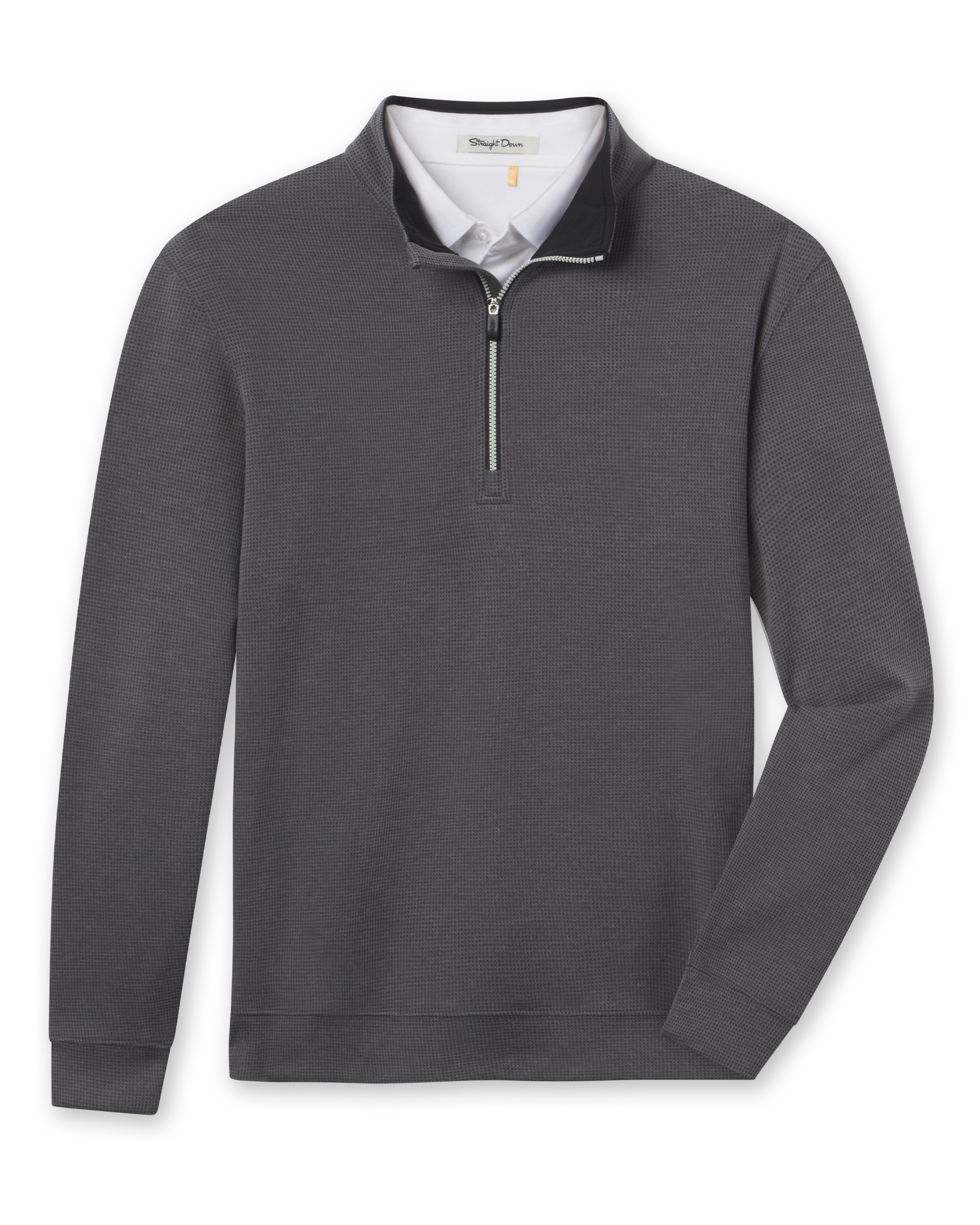 Warren Quarter Zip in Black featuring a textured mini-grid knit, stand collar, quarter-zip closure, banded hem, and sleeve cuffs.