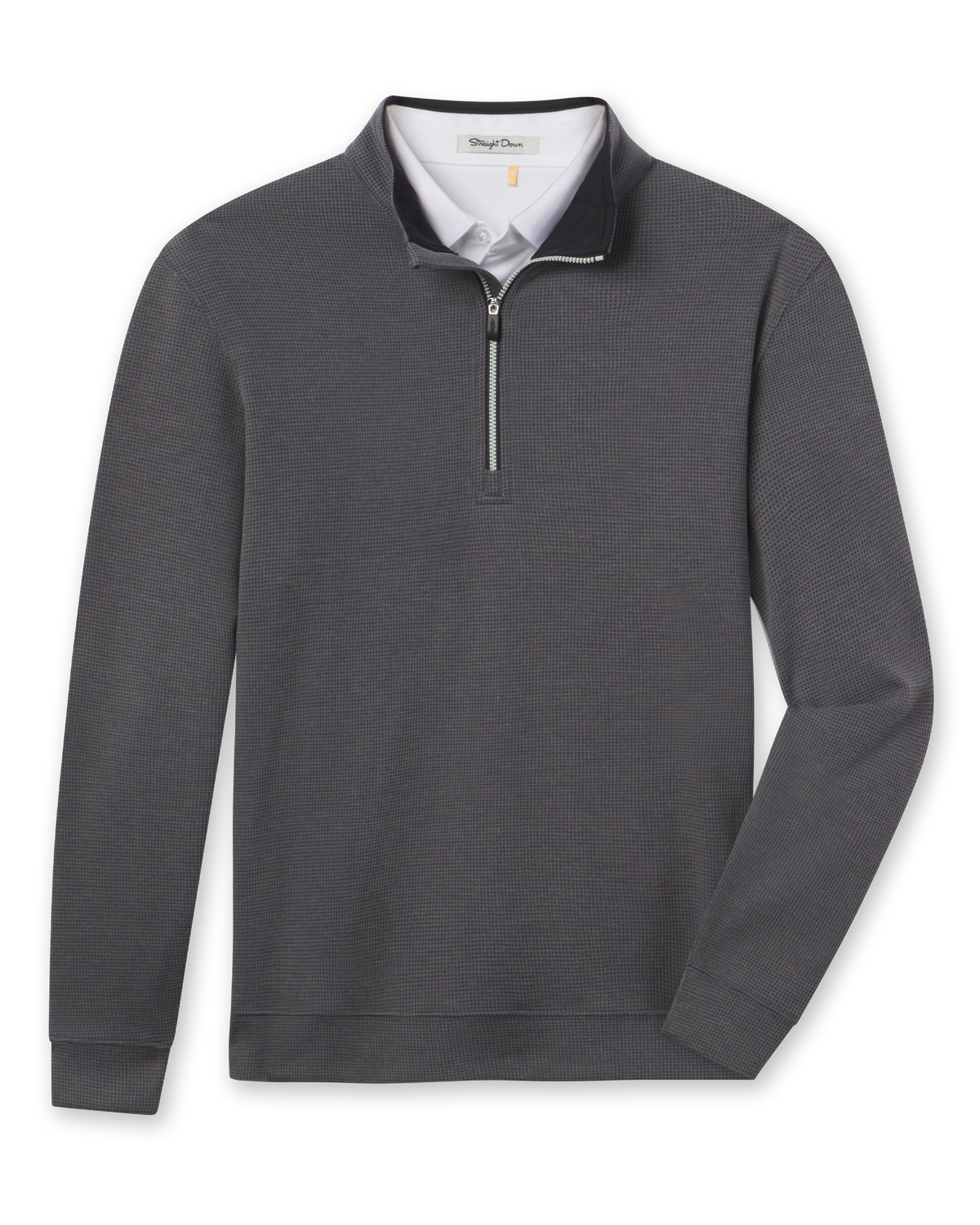 Warren Quarter Zip in Black featuring a textured mini-grid knit, stand collar, quarter-zip closure, banded hem, and sleeve cuffs.