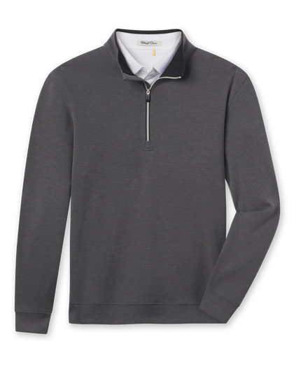 Warren Quarter Zip in Black featuring a textured mini-grid knit, stand collar, quarter-zip closure, banded hem, and sleeve cuffs.
