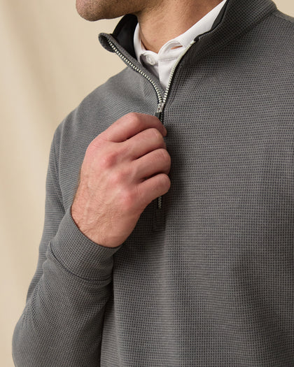 Close-up of the Warren Quarter Zip in Black showing the mini-grid textured knit, stand collar, and metal zipper detail.