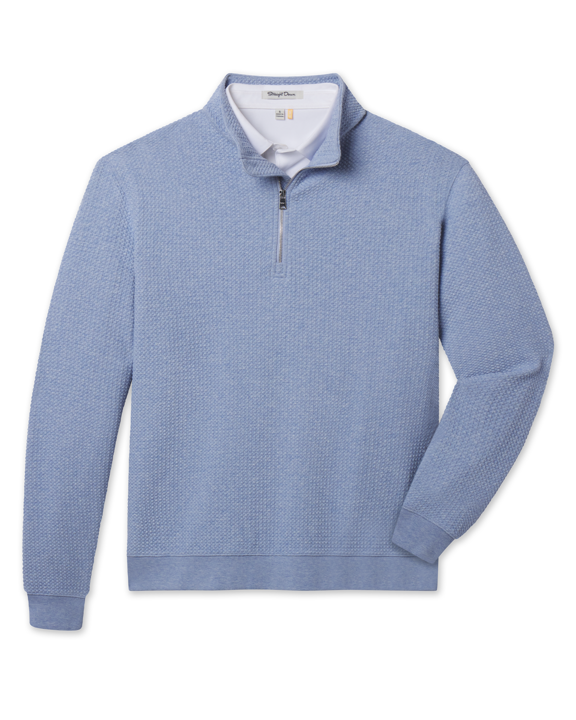 Front product view of the Topanga Quarter Zip in Blue Shade, featuring a light blue textured knit, stand collar, quarter-zip closure, banded hem, and sleeve cuffs.
