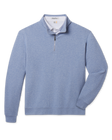 Front product view of the Topanga Quarter Zip in Blue Shade, featuring a light blue textured knit, stand collar, quarter-zip closure, banded hem, and sleeve cuffs.