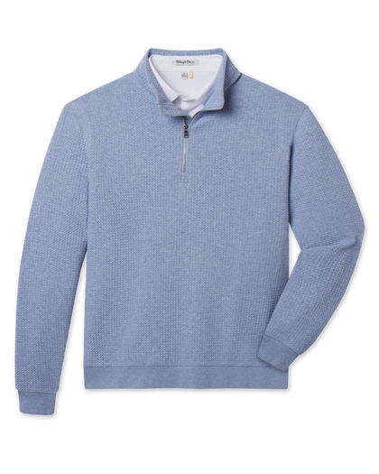 Front product view of the Topanga Quarter Zip in Blue Shade, featuring a light blue textured knit, stand collar, quarter-zip closure, banded hem, and sleeve cuffs.