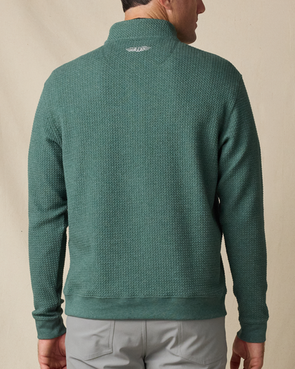 Back view of the Topanga Quarter Zip in Dark Forest, highlighting the textured construction and embroidered Straight Down logo at the collar.