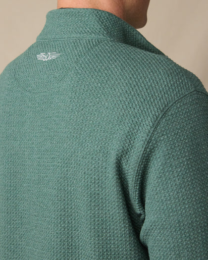 Back view of the Topanga Quarter Zip in Dark Forest, highlighting the textured knit and embroidered Straight Down logo below the collar.