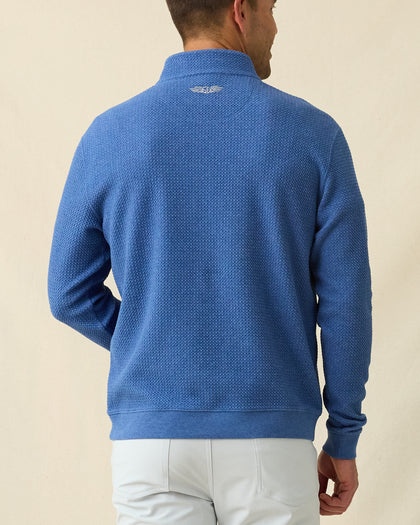 Men's Topanga Quarter Zip in Moonlight, back view on model featuring a bubble knit texture with Straight Down logo embroidered at center back neck, paired with white pants
