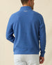 Men's Topanga Quarter Zip in Moonlight, back view on model featuring a bubble knit texture with Straight Down logo embroidered at center back neck, paired with white pants