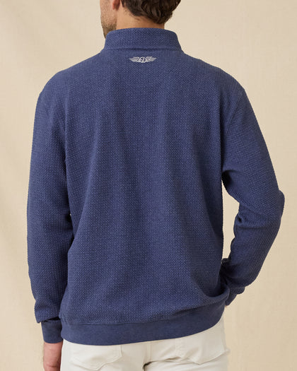 Back view of the Topanga Quarter Zip in New Indigo highlighting the textured knit pattern