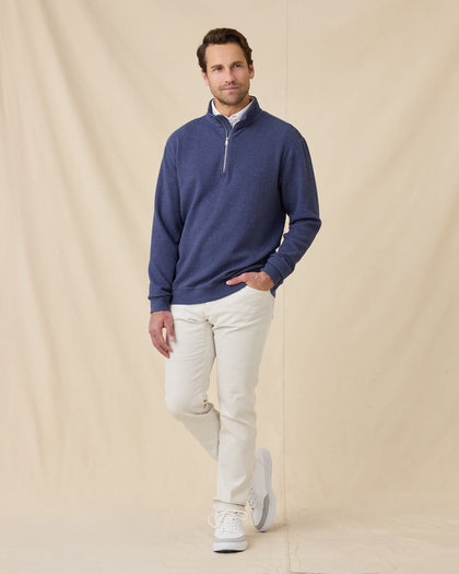 Model styled in the Topanga Quarter Zip in New Indigo with light-colored pants, full outfit