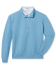 Light blue quarter zip pullover with bubble knit texture layered over white polo