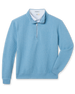 Light blue quarter zip pullover with bubble knit texture layered over white polo