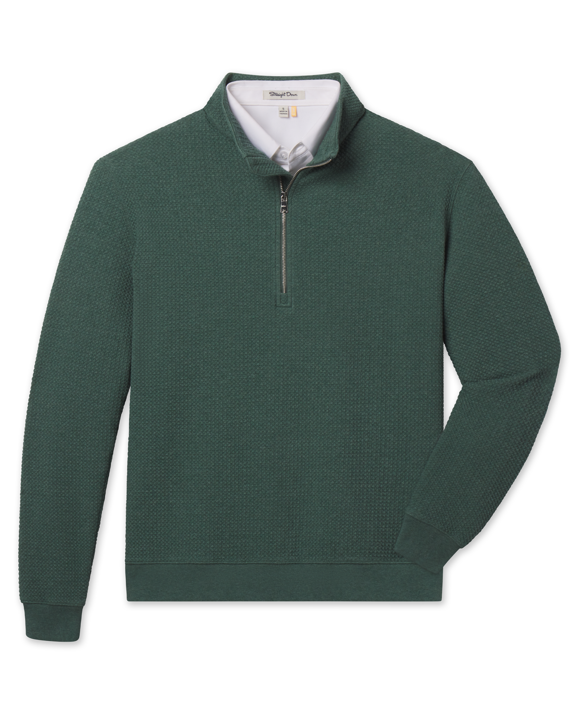 A dark green waffle-knit quarter-zip pullover sweater with a white polo underneath.