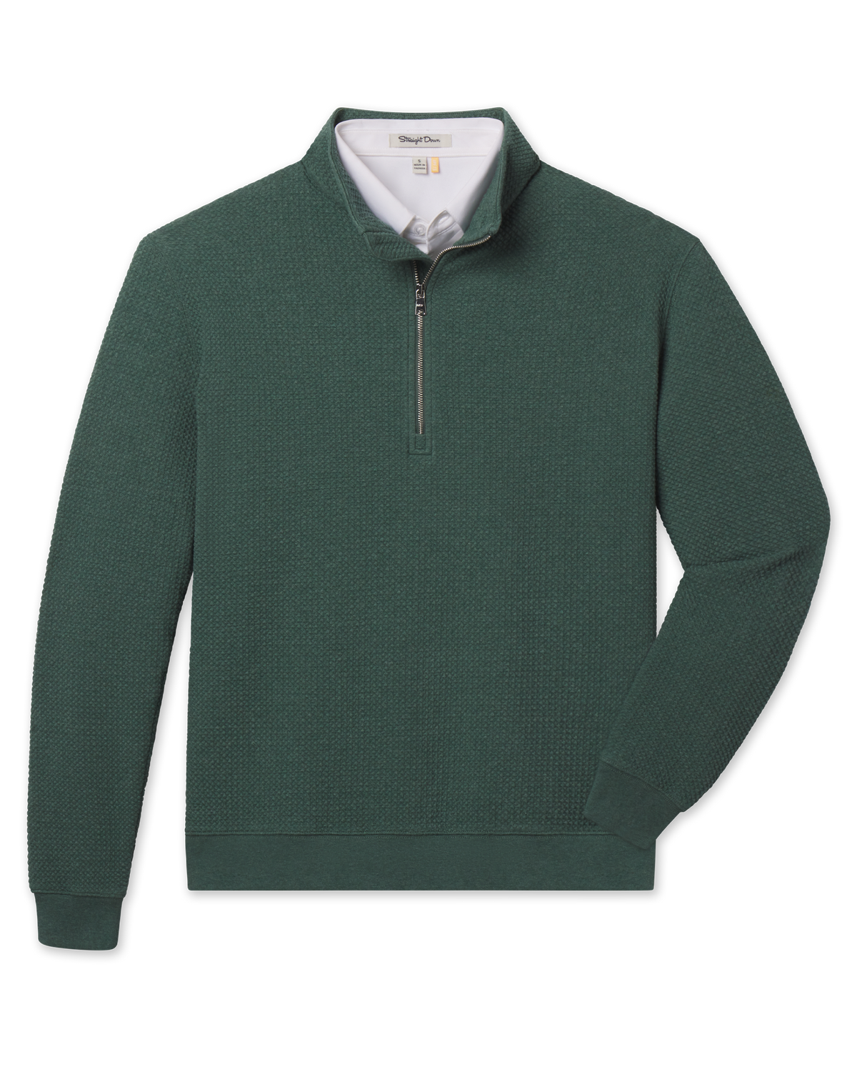 A dark green waffle-knit quarter-zip pullover sweater with a white polo underneath.