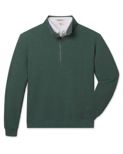 A dark green waffle-knit quarter-zip pullover sweater with a white polo underneath.