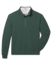 A dark green waffle-knit quarter-zip pullover sweater with a white polo underneath.