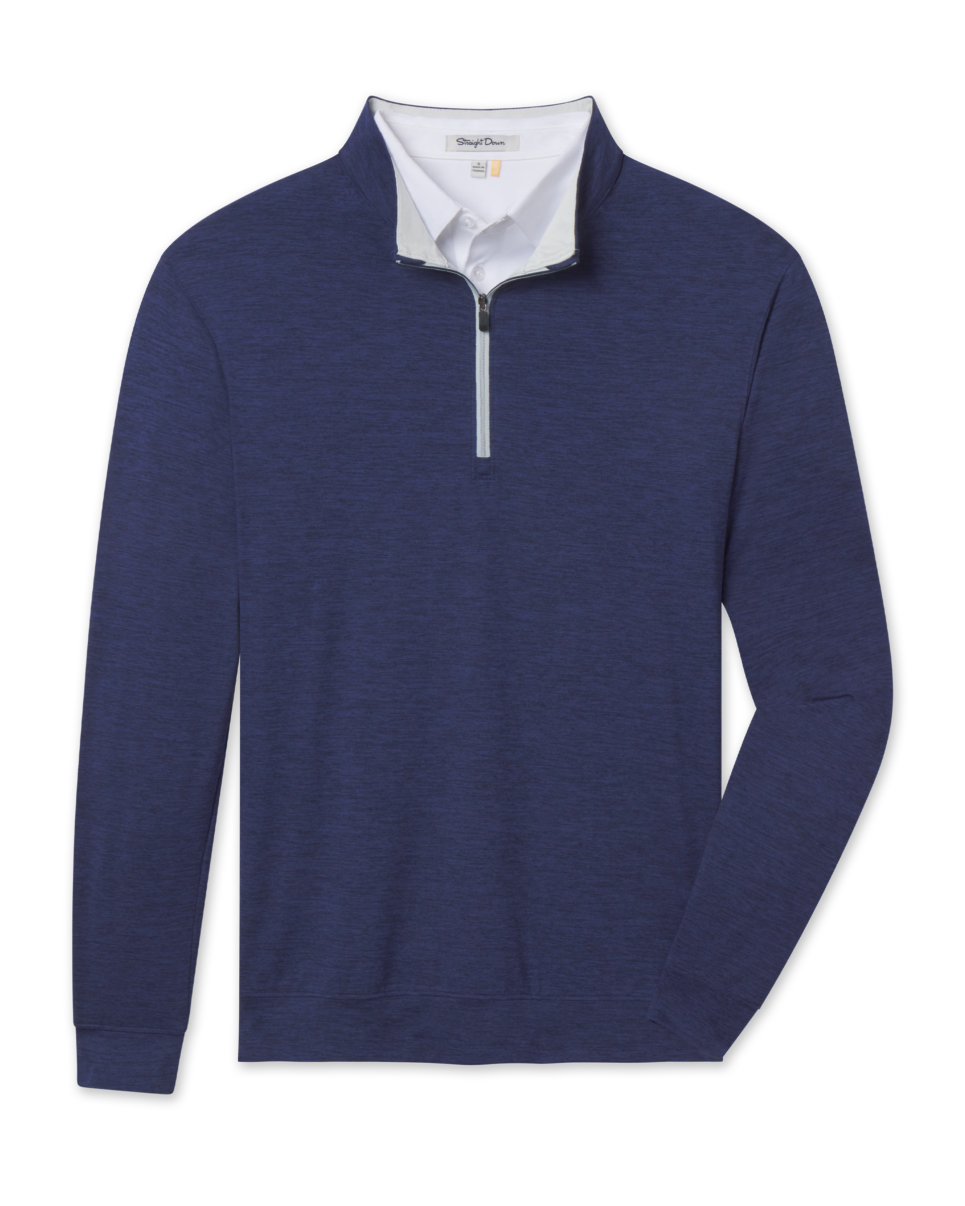 Front product view of the Palmer Quarter Zip in New Indigo, featuring a heathered blue finish, stand collar, and contrast quarter-zip placket.