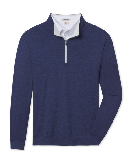 Front product view of the Palmer Quarter Zip in New Indigo, featuring a heathered blue finish, stand collar, and contrast quarter-zip placket.
