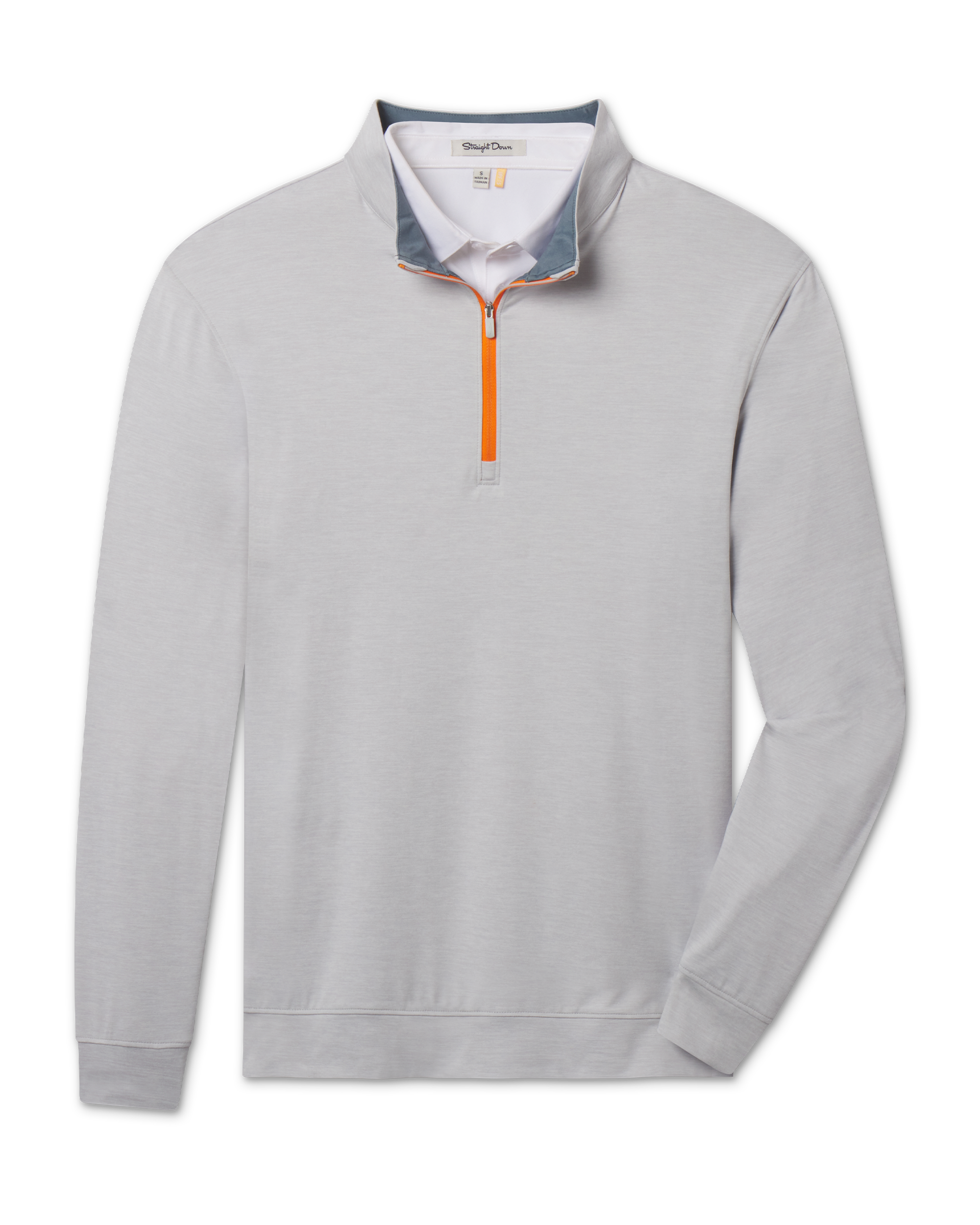 Palmer Quarter Zip in Heather featuring light gray heathered fabric, a stand collar, long sleeves, and a bright orange quarter-zip closure.