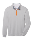 Palmer Quarter Zip in Heather featuring light gray heathered fabric, a stand collar, long sleeves, and a bright orange quarter-zip closure.