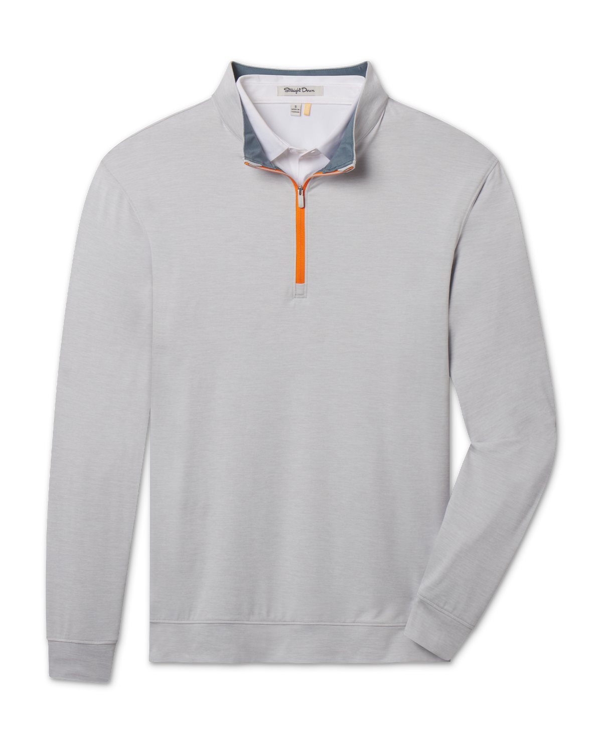 Palmer Quarter Zip in Heather featuring light gray heathered fabric, a stand collar, long sleeves, and a bright orange quarter-zip closure.