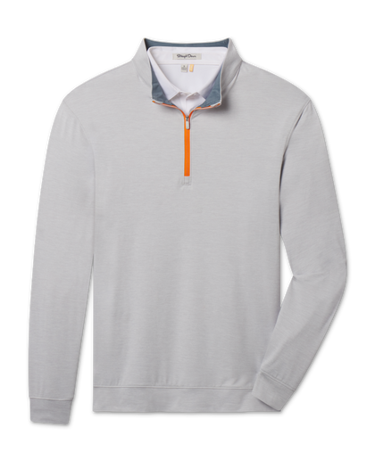 Palmer Quarter Zip in Heather featuring light gray heathered fabric, a stand collar, long sleeves, and a bright orange quarter-zip closure.