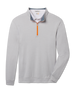 Palmer Quarter Zip in Heather featuring light gray heathered fabric, a stand collar, long sleeves, and a bright orange quarter-zip closure.