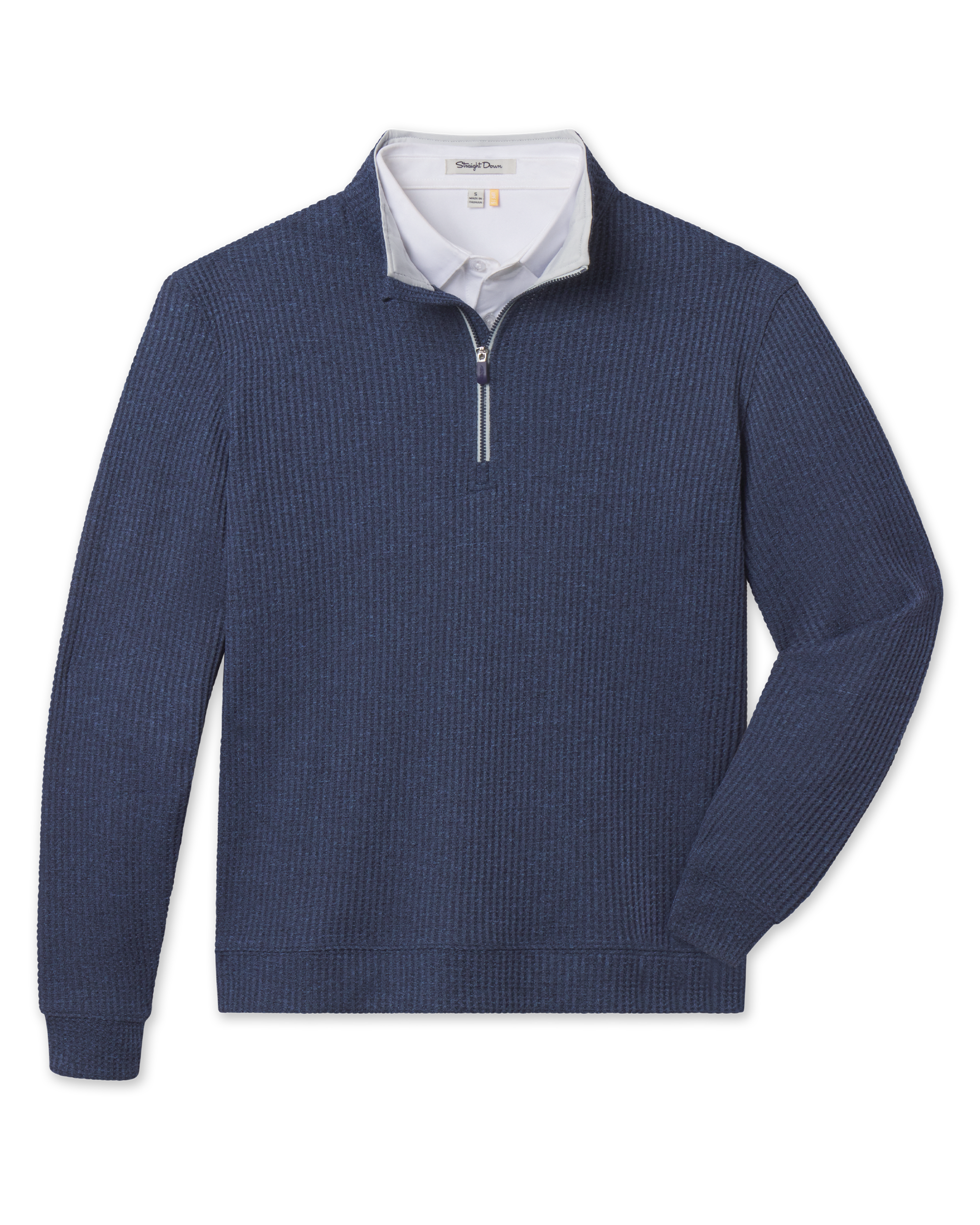 Front product view of the Huntington Quarter Zip in New Indigo, featuring a textured waffle knit, quarter-zip closure, and light contrast collar lining.