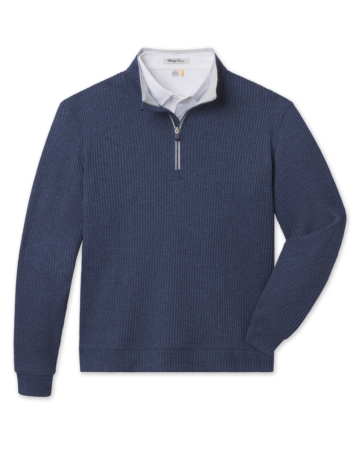 Front product view of the Huntington Quarter Zip in New Indigo, featuring a textured waffle knit, quarter-zip closure, and light contrast collar lining.