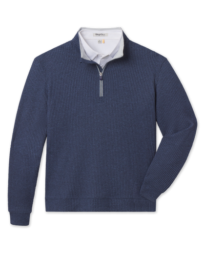 Front product view of the Huntington Quarter Zip in New Indigo, featuring a textured waffle knit, quarter-zip closure, and light contrast collar lining.
