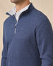 Close-up of the Huntington Quarter Zip in New Indigo, highlighting the textured waffle knit, quarter-zip closure, and light contrast collar lining.