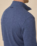 Close-up back view of the Huntington Quarter Zip in New Indigo, highlighting the textured knit and tonal embroidered logo below the collar.