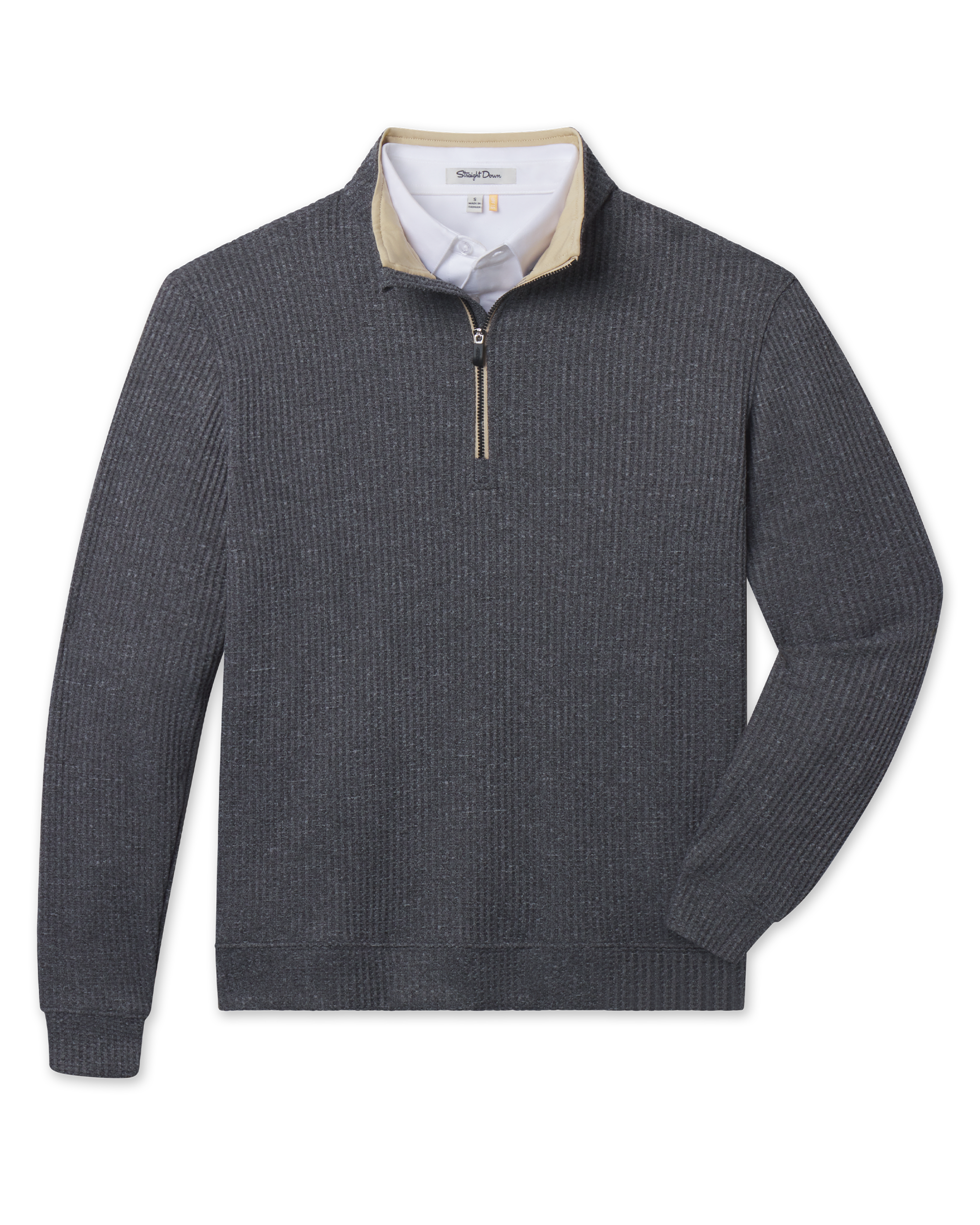 Black Huntington Quarter Zip featuring a textured waffle knit, contrast tan collar lining, and quarter-zip closure.