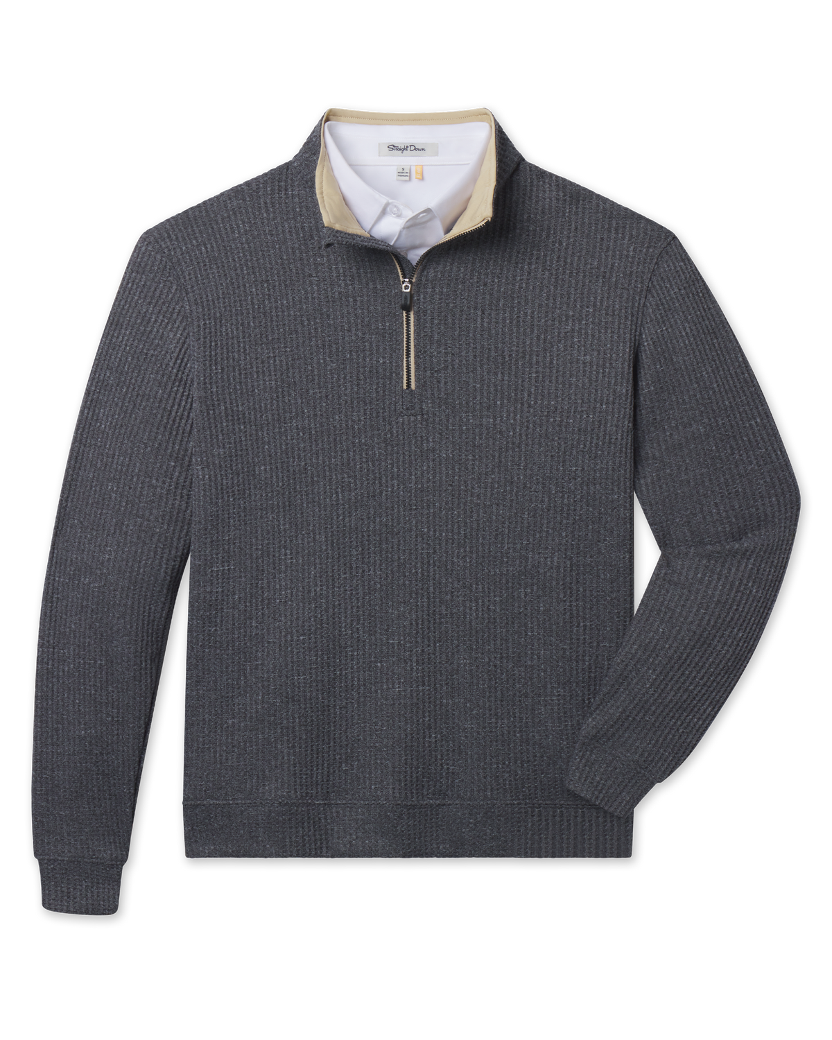 Black Huntington Quarter Zip featuring a textured waffle knit, contrast tan collar lining, and quarter-zip closure.