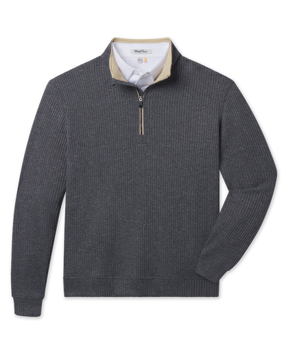 Black Huntington Quarter Zip featuring a textured waffle knit, contrast tan collar lining, and quarter-zip closure.