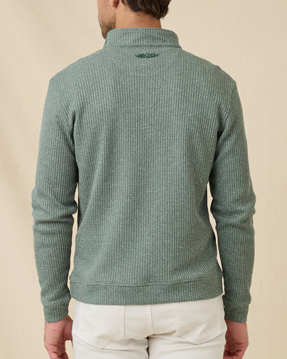 Rear view of the Dark Forest Huntington Quarter Zip, showing the waffle-knit texture and embroidered logo below the back collar.