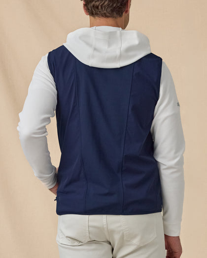Men’s Zephyr Hybrid Vest in New Indigo / Flag Red, back view