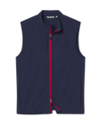 Zephyr Hybrid Vest in New Indigo and Flag Red, front product view with full-zip closure and contrast red zipper trim