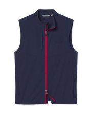 Zephyr Hybrid Vest in New Indigo and Flag Red, front product view with full-zip closure and contrast red zipper trim