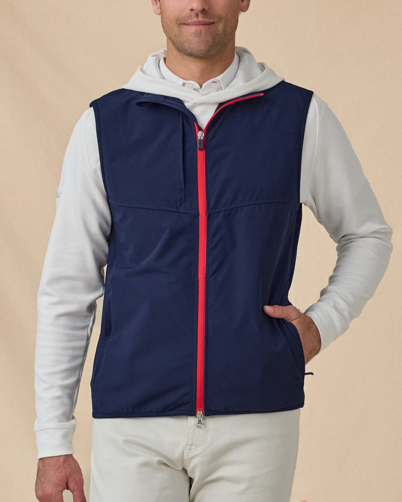 Men’s Zephyr Hybrid Vest in New Indigo / Flag Red, front model view